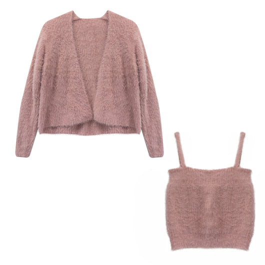 Conjunto de Dos Piezas: Cardigan de Visón Tejido con Top Tubo Primavera - Image 4