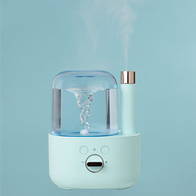 White and clear humidifier with a visible water vortex, emitting mist, and featuring a rose gold accent. - Image 7