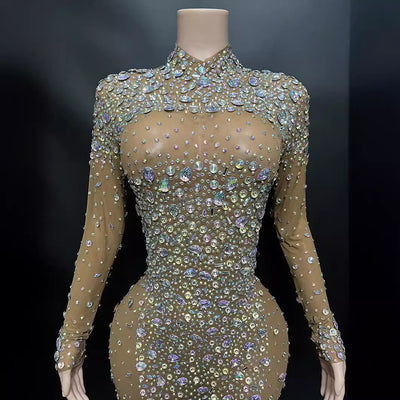 Vestido Largo Elegante Backless con Diamantes Brillantes y Manga Larga - Image 2