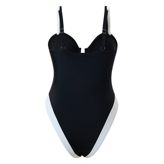 White one-piece women's swimsuit with black side panels and straps, featuring a ruched bust and U-shaped detail. - Image 27