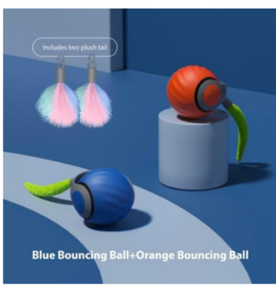 Blue and grey pet toy ball with a green textured tail for cats, shown on a blue background. - Image 20