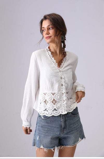 Blusa Suelta de Encaje Hueco Francés para Mujer - Image 15