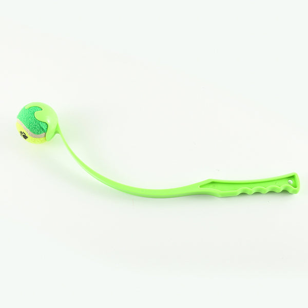 Pink pet throwing cue with a yellow and orange tennis ball, designed for outdoor dog training and play. - Image 3
