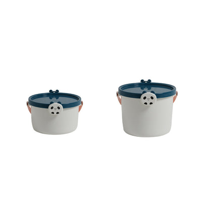 Two plastic storage buckets, one small and one large, with light blue bodies and orange lids featuring cartoon reindeer faces. - Image 23