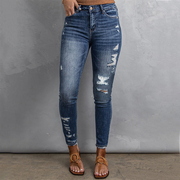 Jeans Ajustados de Cintura Alta con Orillo Desgastado para Mujer