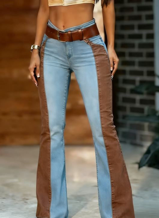 Jeans Acampanados Retro Americano con Contraste de Colores para Mujer