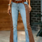 Calça Jeans Feminina Boca de Sino Americana Retrô com Contraste de Cores