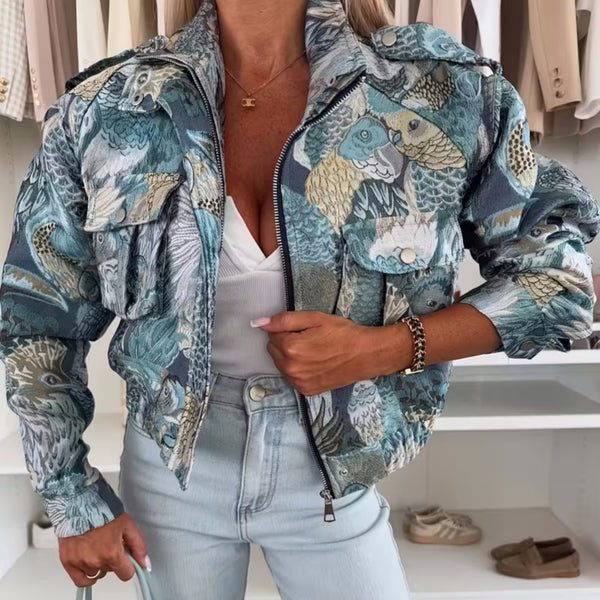 Chaqueta Otoñal con Estampado de Pavo Real para Mujer