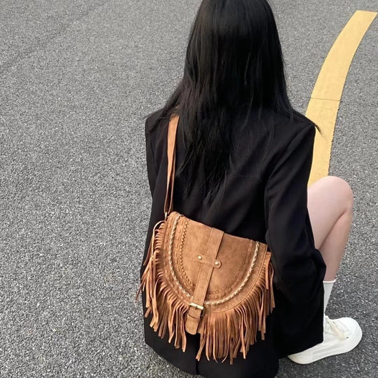 Bolso Bandolera Retro de Ante con Borlas para Mujer - Image 6