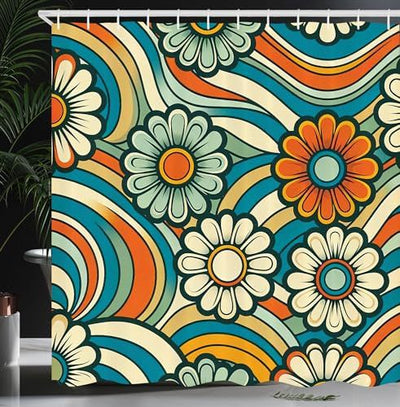 Retro floral shower curtain with wavy stripes in blue, orange, green, and cream colors. - Image 14