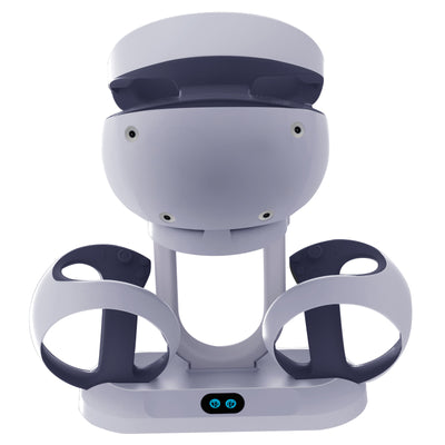 White ABS charging and storage stand for PS VR2 handles and glasses, with a U-shaped support and two charging docks. - Image 11