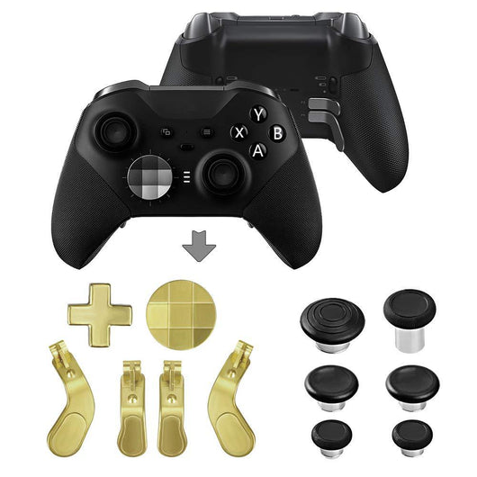 Xbox One Elite Series 2 controller accessory kit with black joysticks, silver D-pads, paddles, screwdrivers, and a storage bag. - Image 32