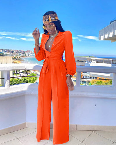 Jumpsuit Casual de Color Liso con Cuello Camisero y Cinturón