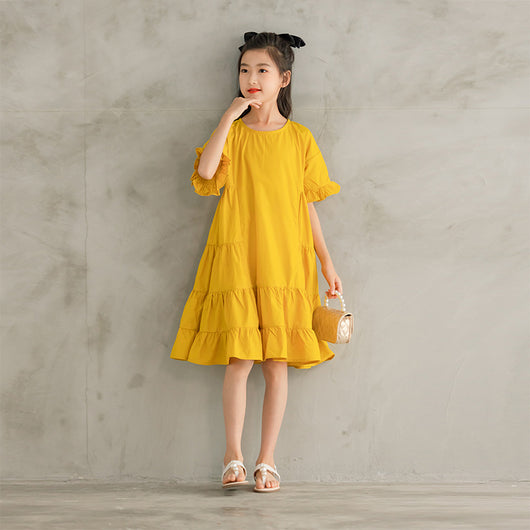 Vestido Amarillo Infantil de Color Liso con Mangas Coquetas - Image 5