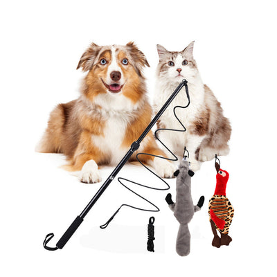Telescopic dog teasing rod toy with black foam grip and multiple colorful rope attachments, including a carrying bag. - Image 5