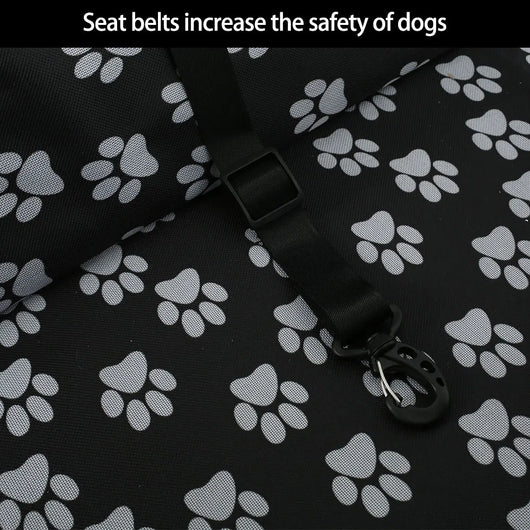 Light grey pet car booster seat with black mesh sides and adjustable straps, installed on a black and red car seat. - Image 29