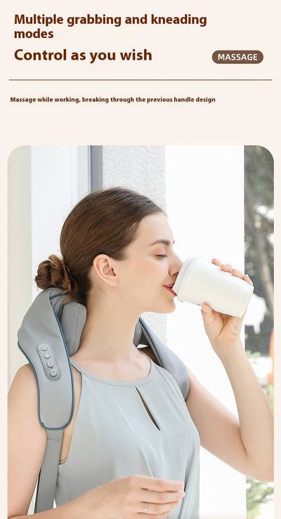 Light gray shoulder and neck massager with blue trim, control buttons, and hanging straps on a white background. - Image 18