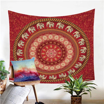 Beige tapestry with a large reddish-brown mandala pattern, hung above a bed in a bedroom. - Image 4