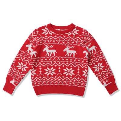 Women's black, red, and white Christmas sweater with reindeer and snowflake fair isle patterns, round neck, long sleeves. - Image 6