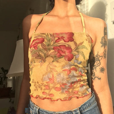 Top Bandeau Cropped con Encaje Estampado y Cordones