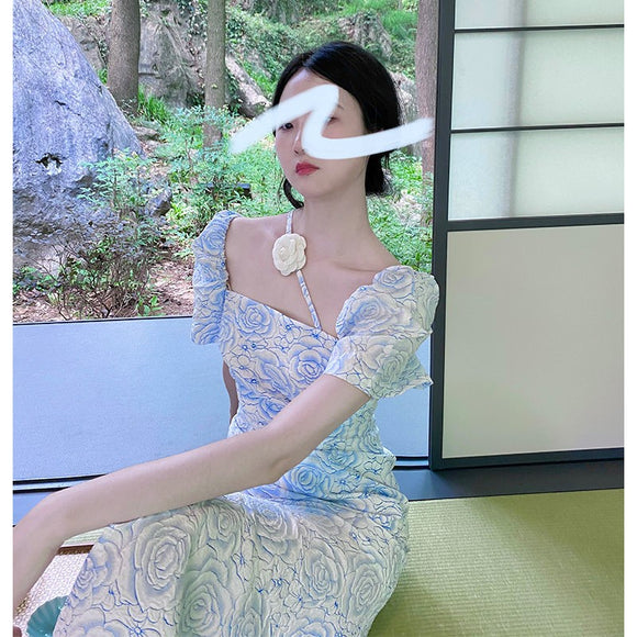 Vestido Cheongsam Jacquard Ajustado con Abertura Elegante
