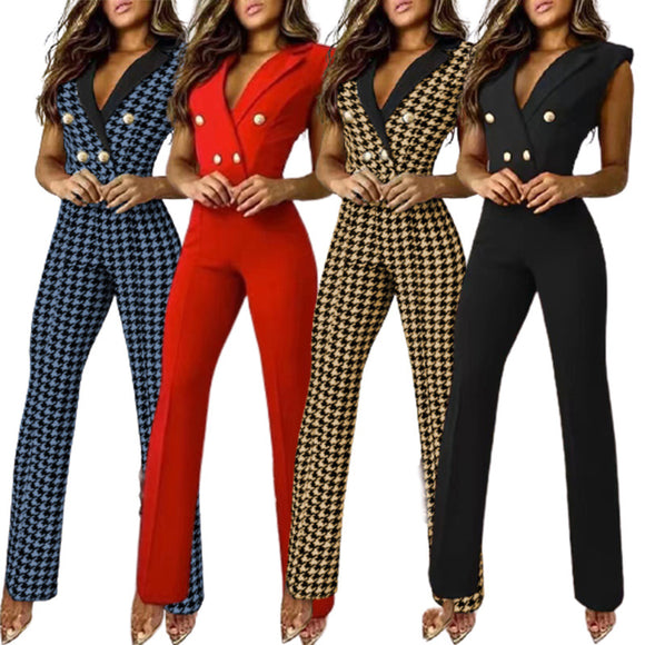 Jumpsuit Cuello en V Pata de Gallo para Mujer Profesional