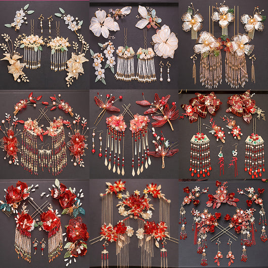 Tocado Estilo Antiguo con Flores Rojas y Flecos - Corona de Pelo Nupcial - Image 31