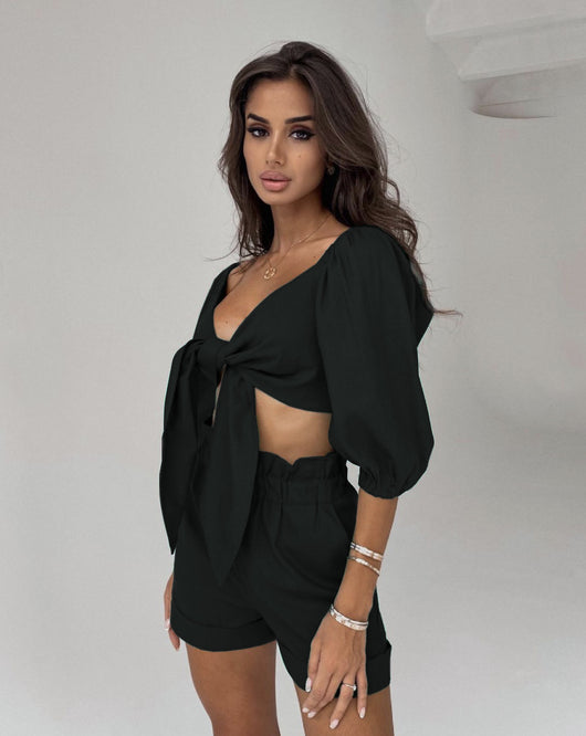 Conjunto Casual Mujer: Cardigan Lanterna Manga Ancha + Short Wide Leg con Bolsillos - Image 37