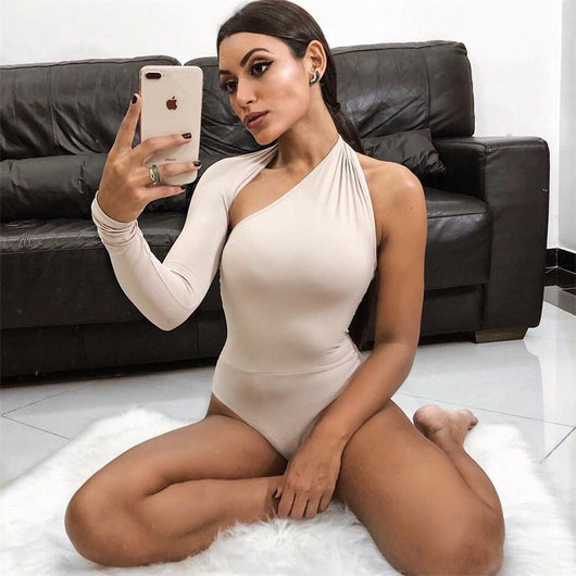 Body Asimétrico Sexy de Manga Larga con Hombro Descubierto