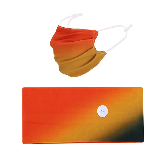 Gradient orange and yellow headband with buttons for attaching a matching pleated face mask, modeled by a woman. - Image 6