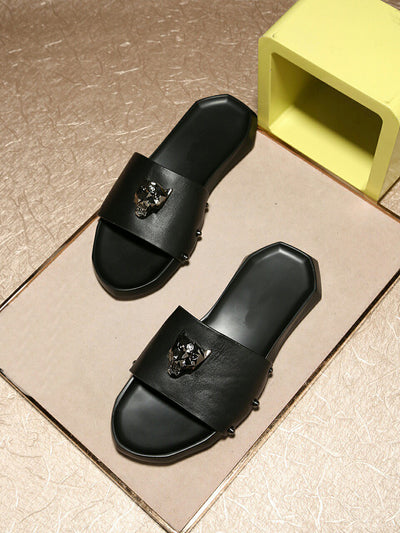 Sandalias de Cuero con Cabeza de Leopardo - Diseño Metalizado Outdoor