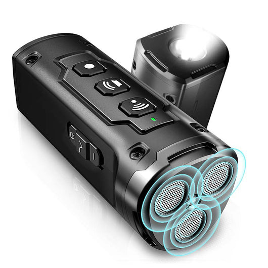 Black handheld ultrasonic dog deterrent device with three sonic emitters and an LED flashlight on a white background. - Image 7
