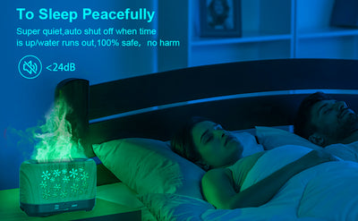 Wood grain humidifier with snowflake pattern, emitting blue flame-like mist, shown with remote control and other color options. - Image 18