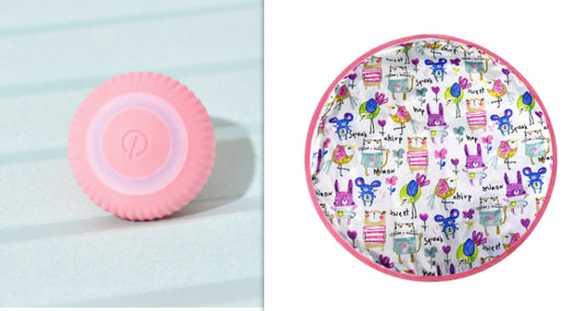 Pink round electronic cat toy with power symbol and a circular cat play mat with cartoon animals and pink border. - Image 14