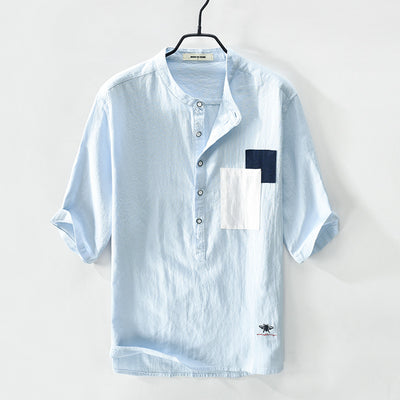 Camisa Hombre Manga Cinco Puntos Algodón Lino con Parches - Image 11
