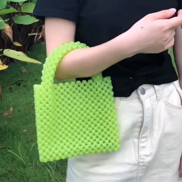 Bolso de Mano Tejido con Cuentas - Cartera de Noche Cuadrada Compacta