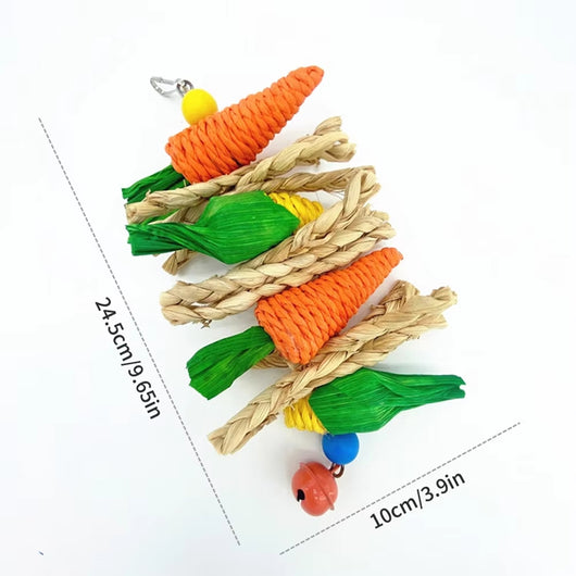Colorful bird toy with woven straw carrots, corn cobs, braided perches, and a bell, for hanging in a cage. - Image 6