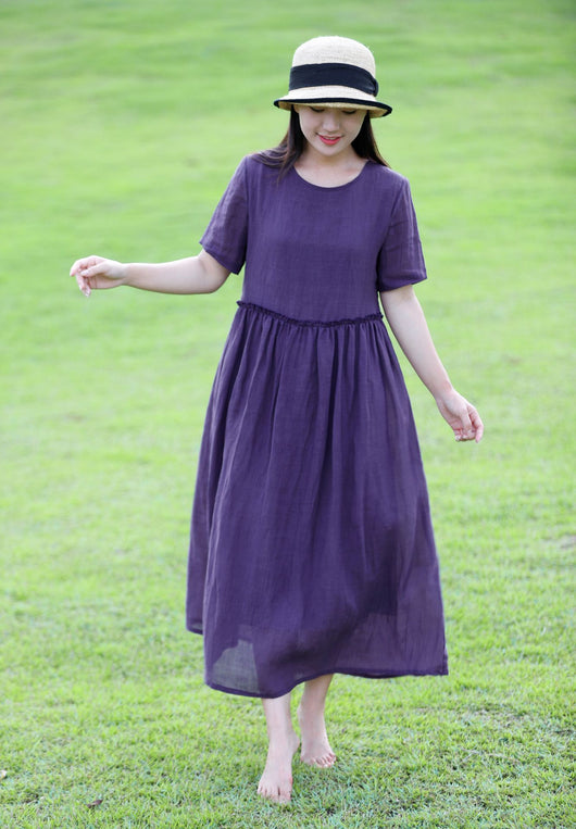 Vestido de Ramio para Mujer con Cuello Redondo y Mangas Cortas con Encaje - Image 6