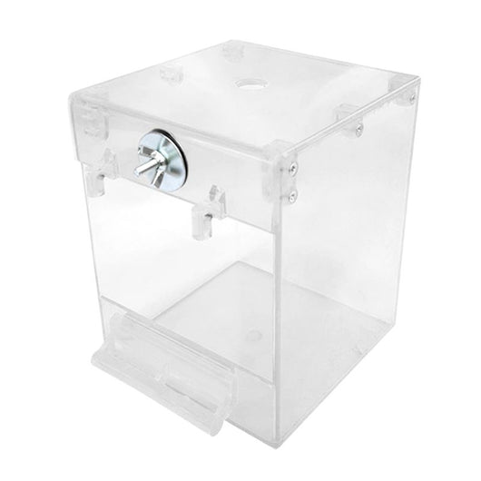 Transparent yellow square bird bath with a front perch and metal attachment for external cage mounting. - Image 16