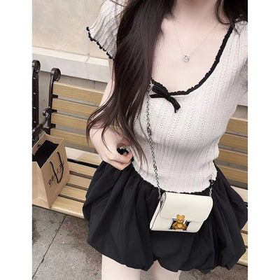 Blusa Corta Estilo Americano con Encaje y Lazo Contraste en Seda Helada - Image 10