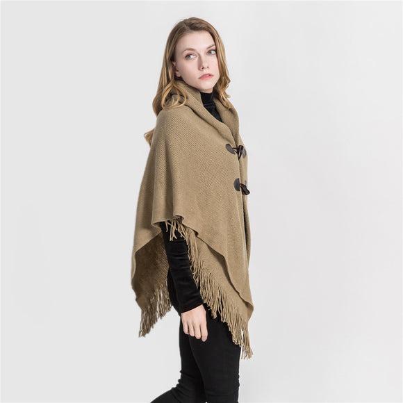 Poncho Kimono de Tricô Folgado com Capuz - Cardigã Longo Versátil para Inverno