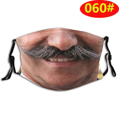 Novelty face mask with a realistic print of a smiling man's lower face and a prominent brown mustache. - Image 16