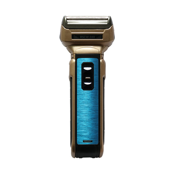 Gold and blue electric foil shaver with a brushed finish and visible power buttons on a white background.