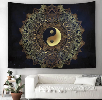 Black and white Yin Yang Mandala tapestry featuring 'The Moon' tarot card design with wolves, stars, and zodiac symbols. - Image 9