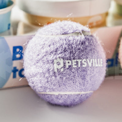 Beige Petsville tennis ball for dogs in a light yellow cylindrical container with a playful dog illustration. - Image 14