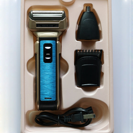 Gold and blue electric foil shaver with a brushed finish and visible power buttons on a white background. - Image 3
