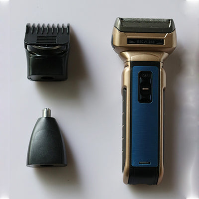 Gold and blue electric foil shaver with a brushed finish and visible power buttons on a white background. - Image 2