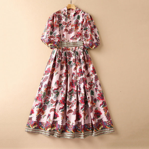 Vestido Estampado con Cuello Alzado y Mangas Abullonadas