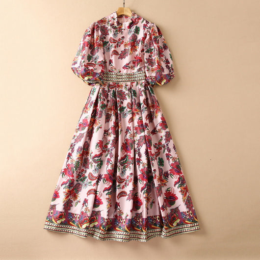 Vestido Estampado con Cuello Alzado y Mangas Abullonadas