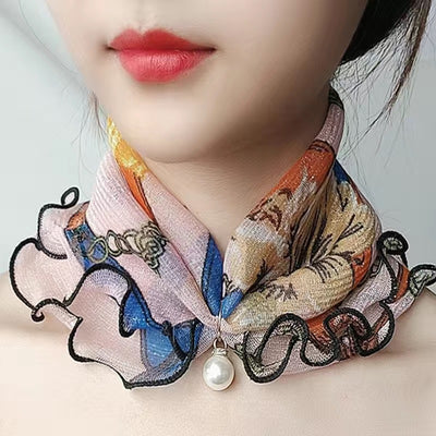 Pañuelo de Seda Decorativo Estampado con Encaje - Accesorio Elegante Versátil